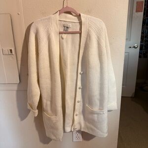 Yarnworks Cream Ribbed Cardigan Sweater Large Button Front Pockets Cozy